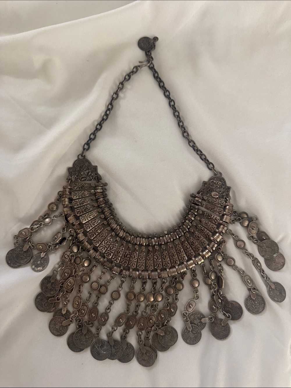 LF Antique-Tone Coin Fringe Statement Necklace - Dark Silver